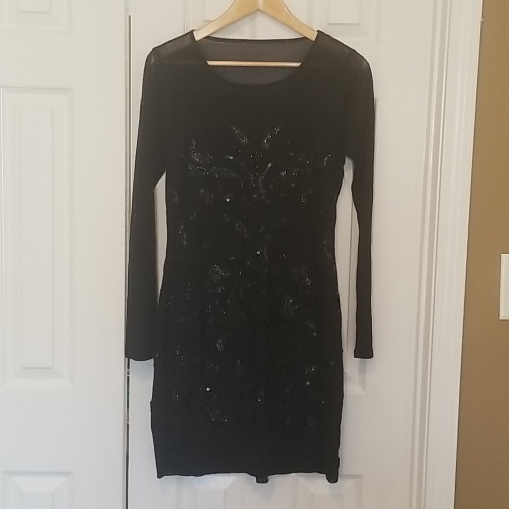 Mini Sheer Long Sleeve Black Sequined Dress